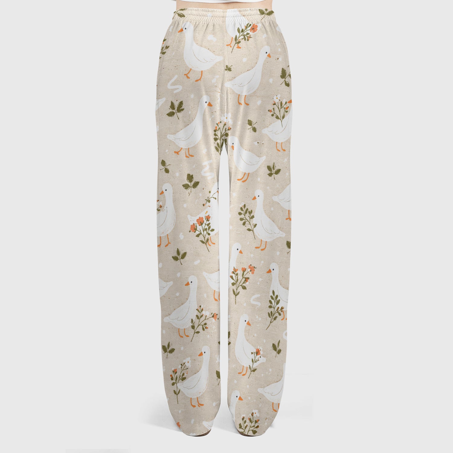 White Goose Floral Meadow Pattern Scrub Set, Scrub Pants and V Neck Top
