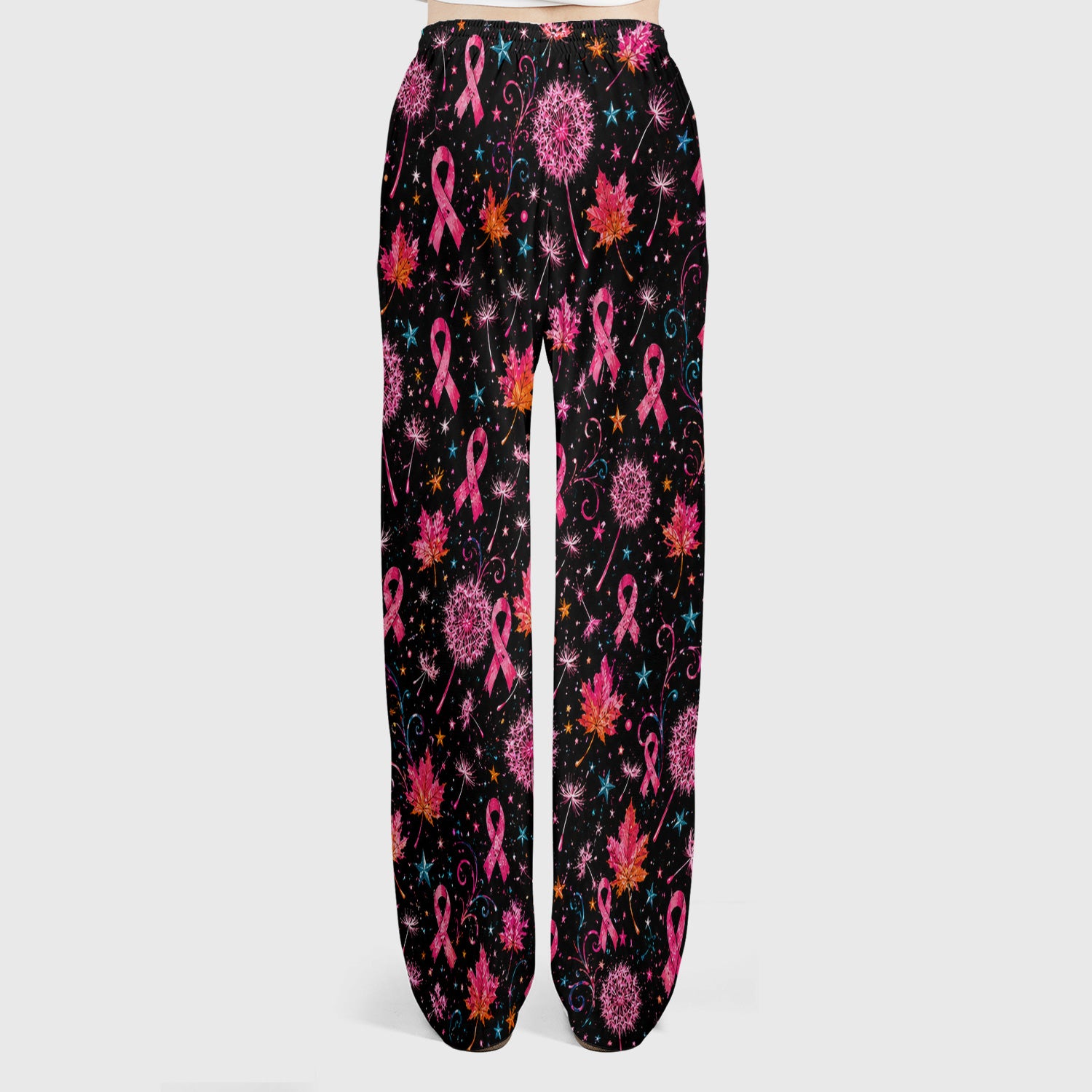 Breast Cancer Awareness Pink Ribbon Fall Scrub Set, Scrub Pants and V Neck Top