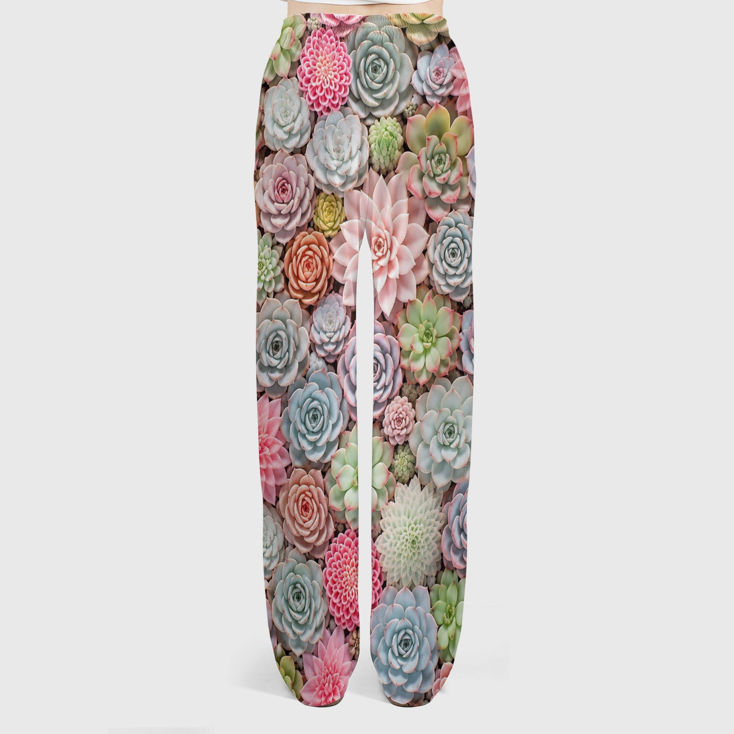 Cute Pastel Succulent Blossom Pattern Scrub Set, Scrub Pants and V Neck Top