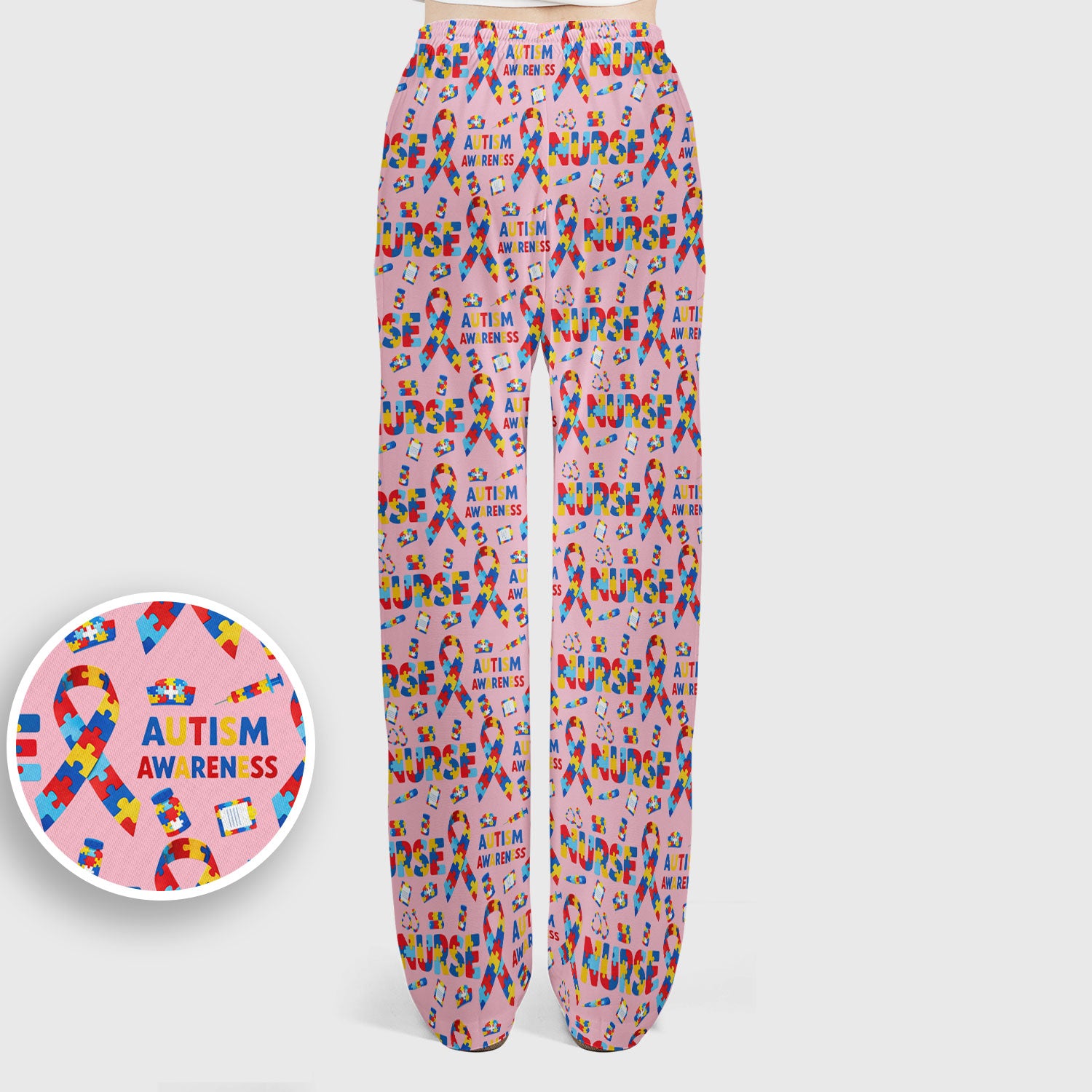 Autism Awareness Nurse Puzzle Ribbon Print Sets,  Breathable Med Uniform