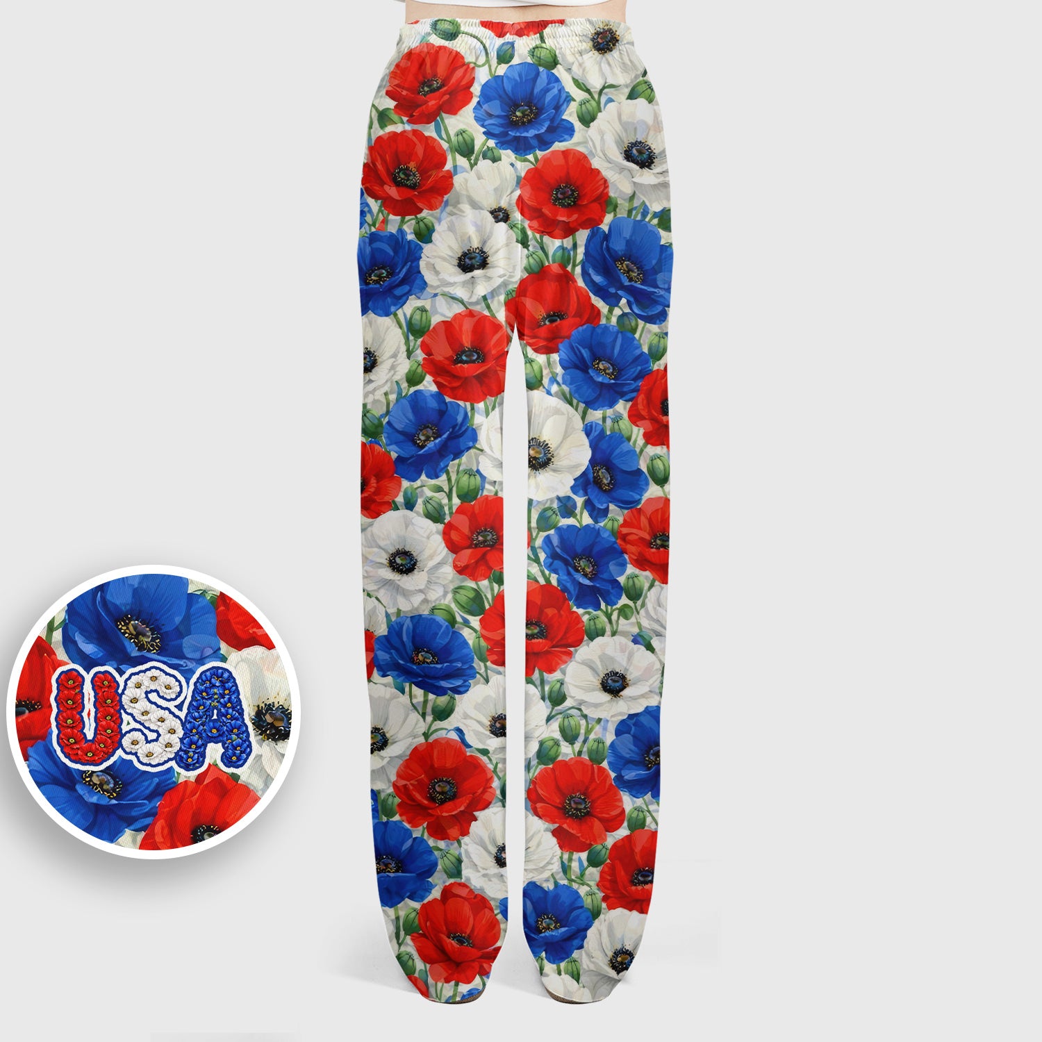 Festive Patriotic Red Blue Poppy Floral Pattern Scrub Set, Scrub Pants and V Neck Top