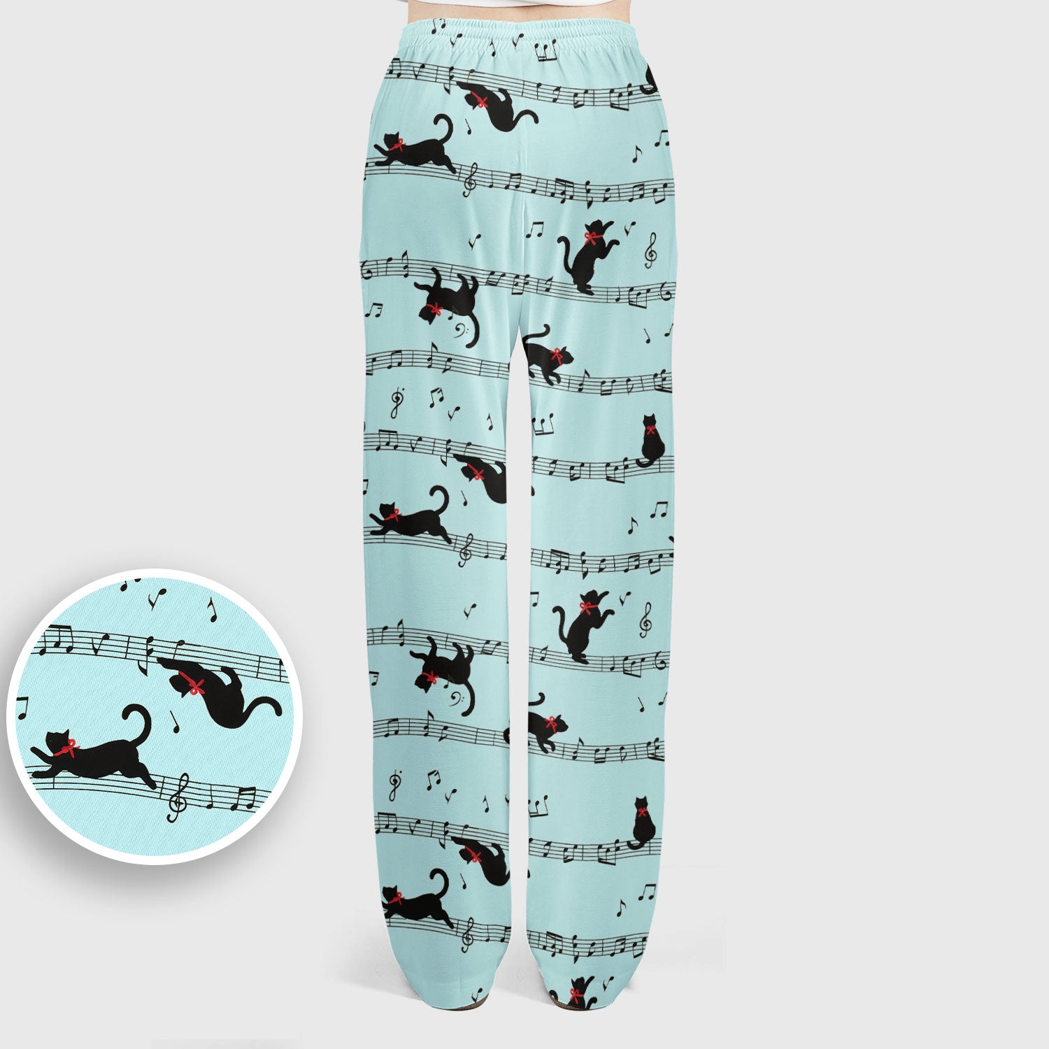 Cute Dancing Black Cat Music Staff Pattern Scrub Set, Scrub Pants and V Neck Top