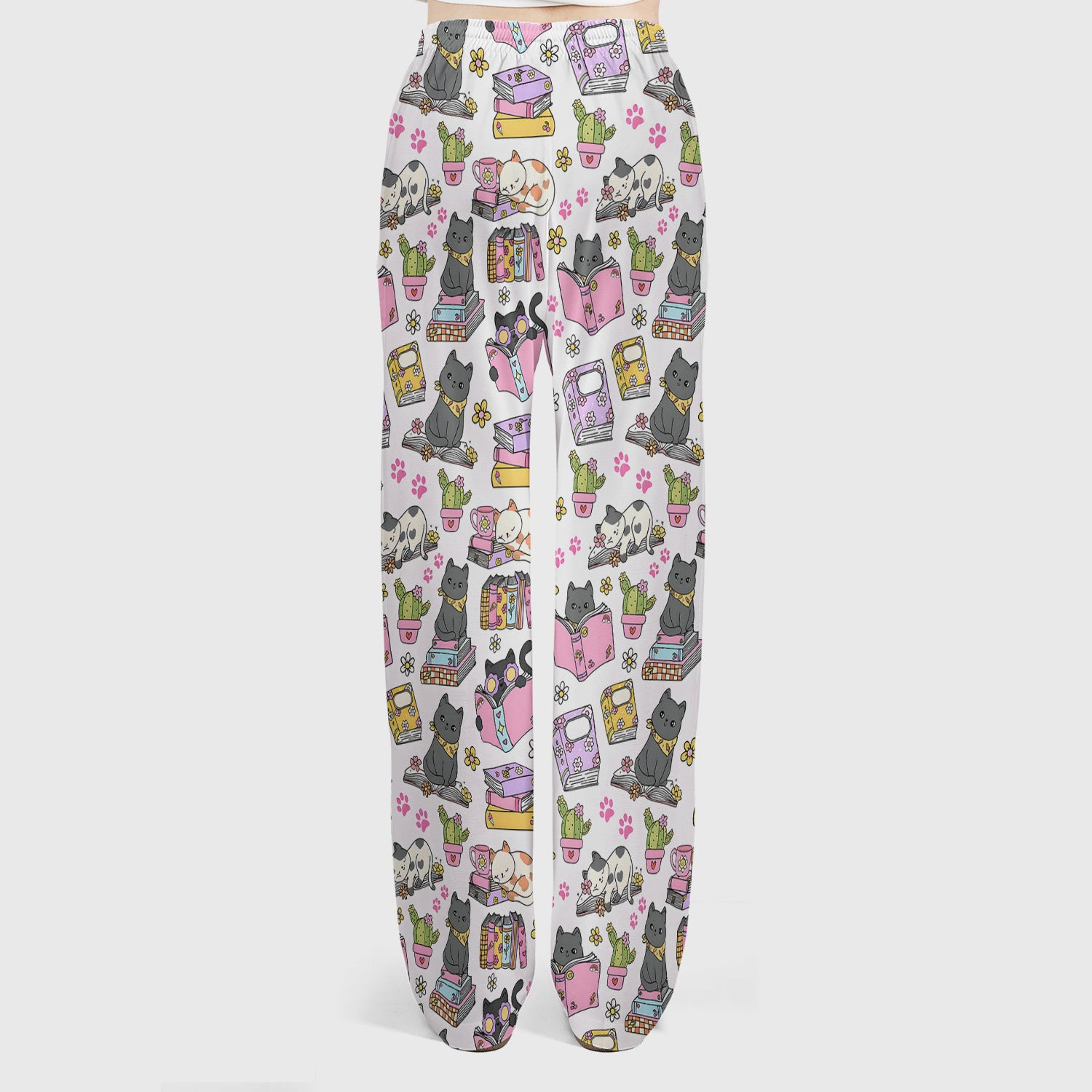 Cute Cat Book Cactus Seamless Pattern Scrub Set, Scrub Pants and V Neck Top