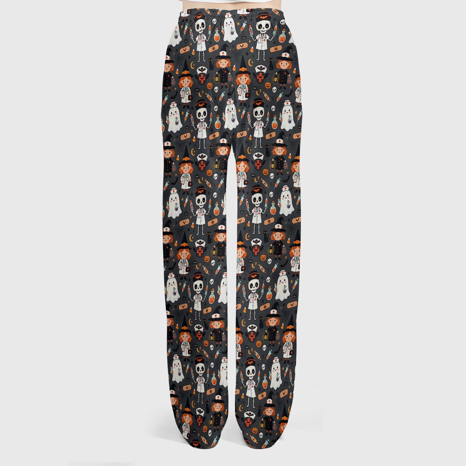 Halloween Witch And Skeleton Nurse Scrub Set, Scrub Pants and V Neck Top