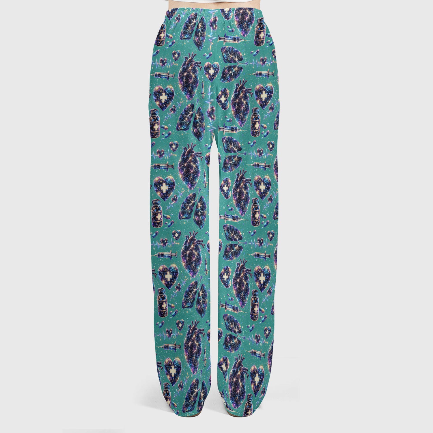 Galaxy Anatomical Heart Lung Syringe Print Scrub Set, Breathable Med Uniform