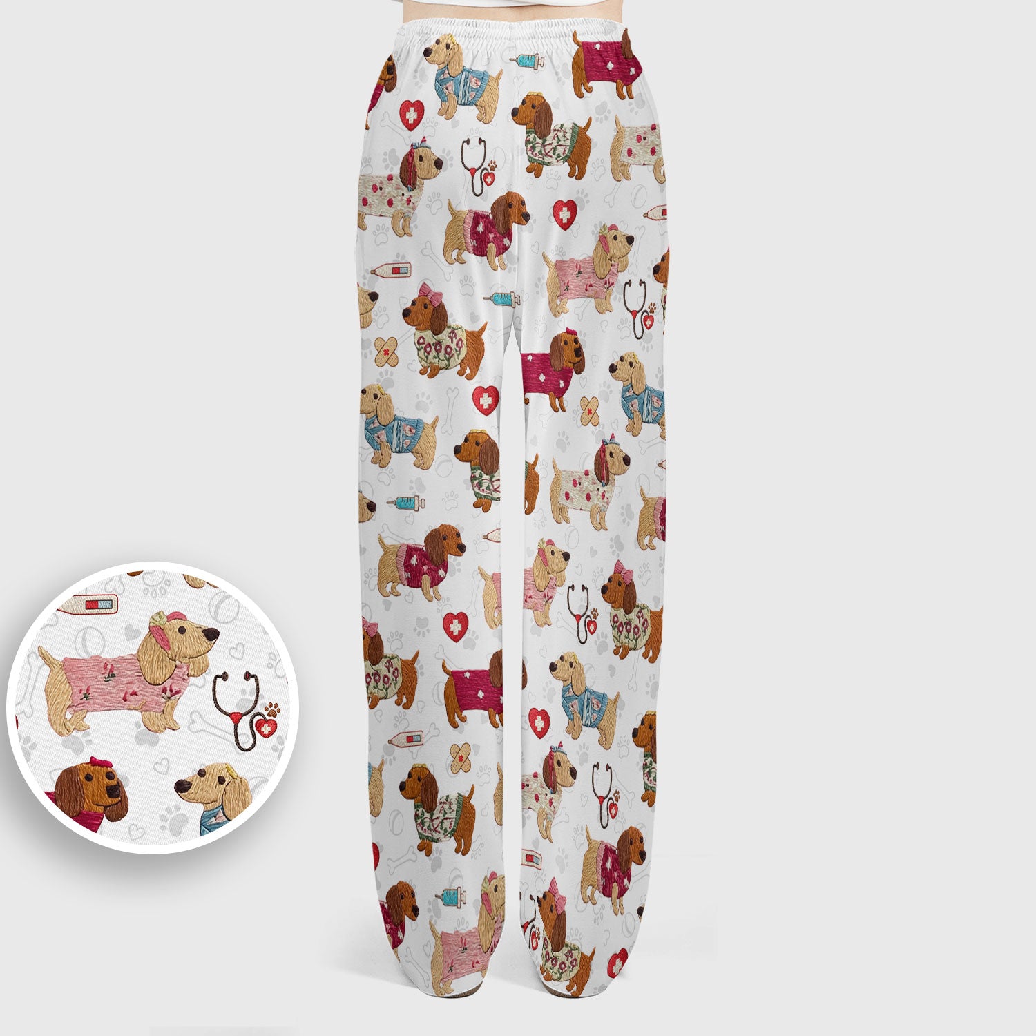 Cute Medical Wiener Dog Pattern Nurse Shirt, Dachshund Nursing Scrub Set, Breathable Fabrics Nursing Uniform