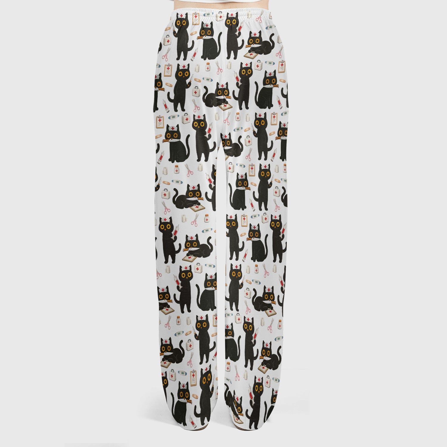 Cute Black Cat Nurse Pattern Women's Scrub Set, Breathable Med Uniform