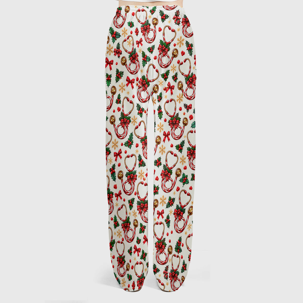 Christmas Candy Cane Stethoscope Pattern Scrub Set, Scrub Pants and V Neck Top