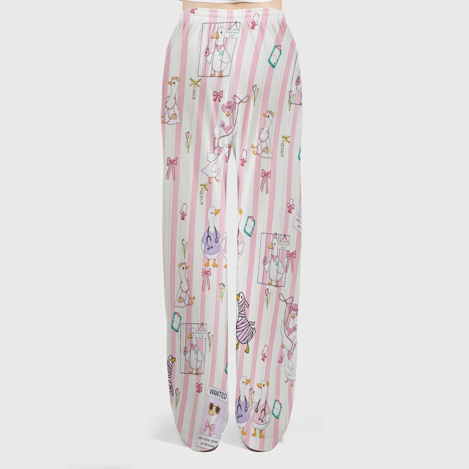 Cute Nurse Duck Stripe Pattern Scrub Set, Scrub Pants and V Neck Top