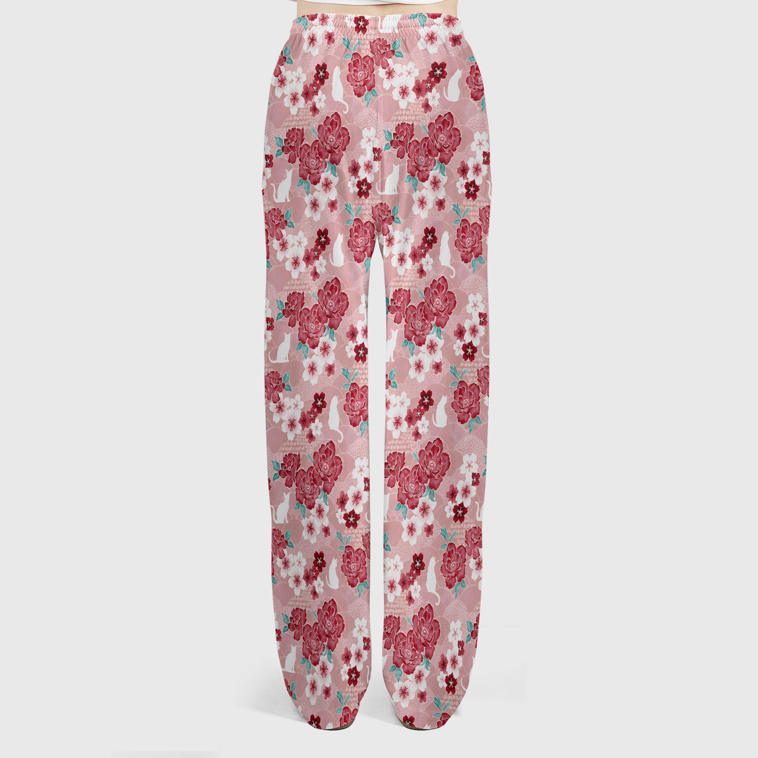 Floral White Cat Nurse Scrub Set, Scrub Pants and V Neck Top