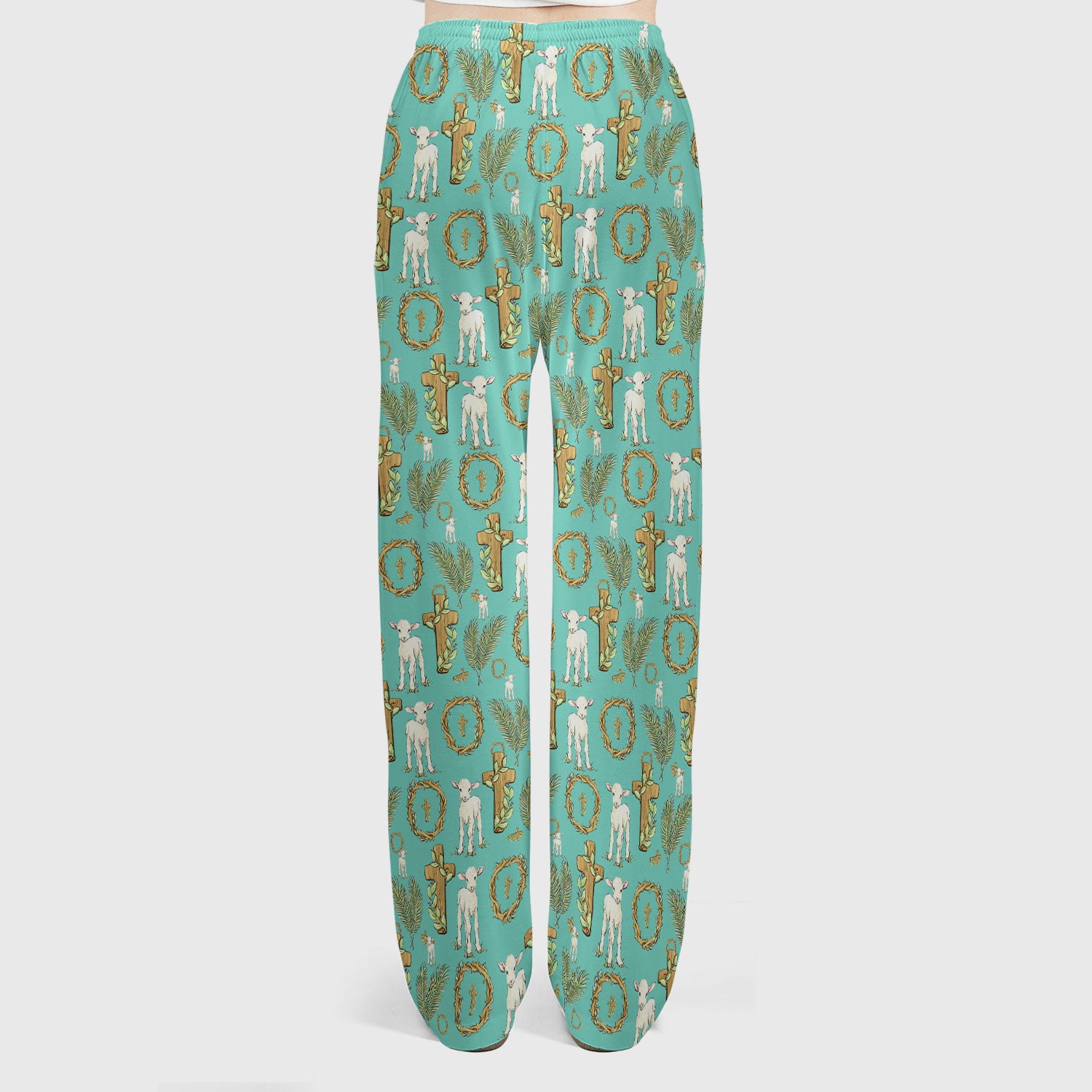 Faith Lamb Cross Pattern Women's Scrub Set, Scrub Pants and V Neck Top