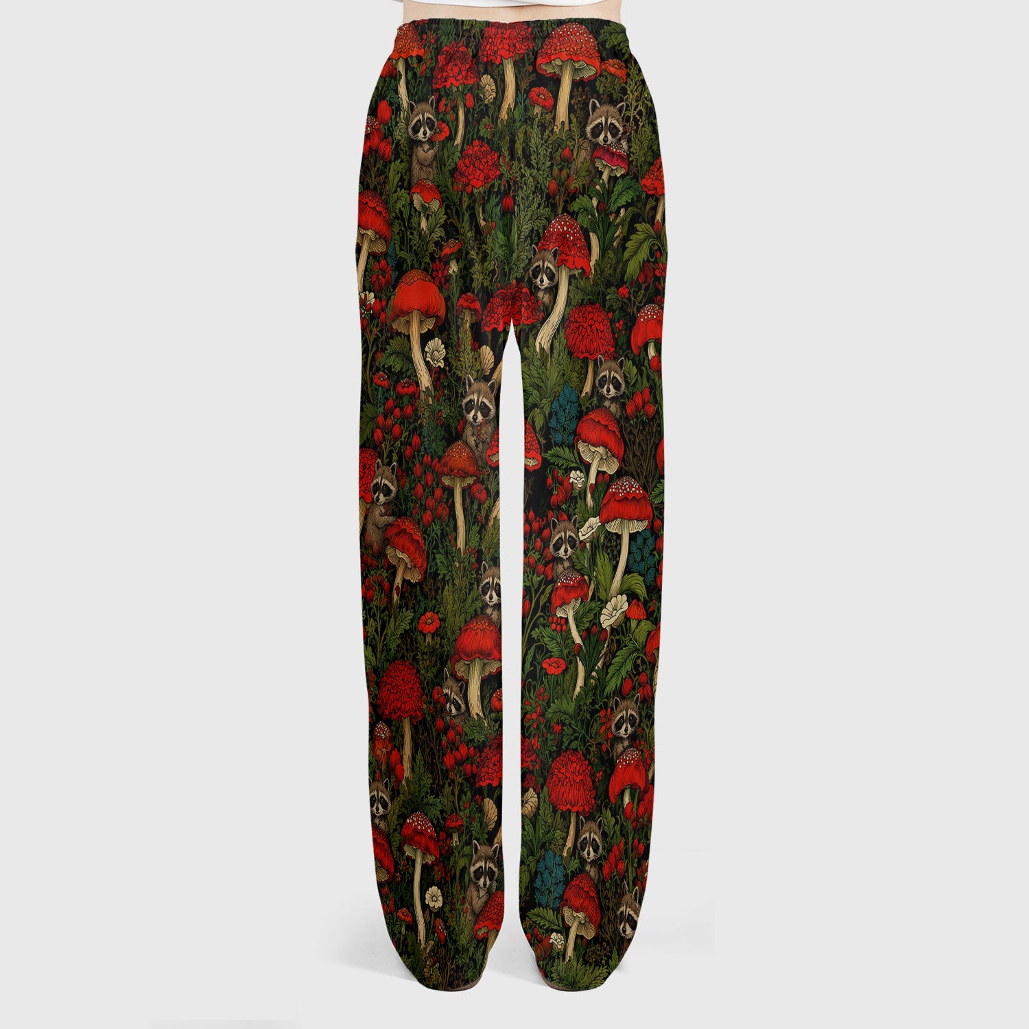Woodland Raccoon Red Mushroom Pattern Scrub Set, Scrub Pants and V Neck Top