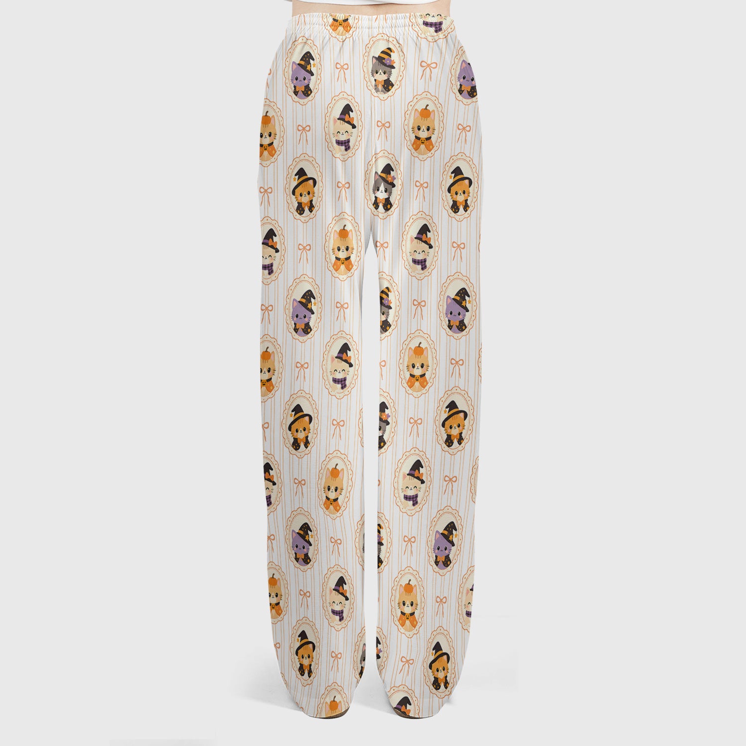 Cute Halloween Cat Stripe Pattern Scrub Set, Scrub Pants and V Neck Top