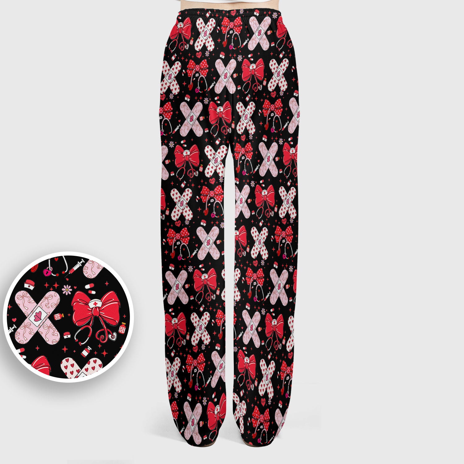 Valentine Nurse Scrub Set, Red Bow And Heart Bandage Pattern Medical Shirt, Breathable Fabrics Nursing Uniform