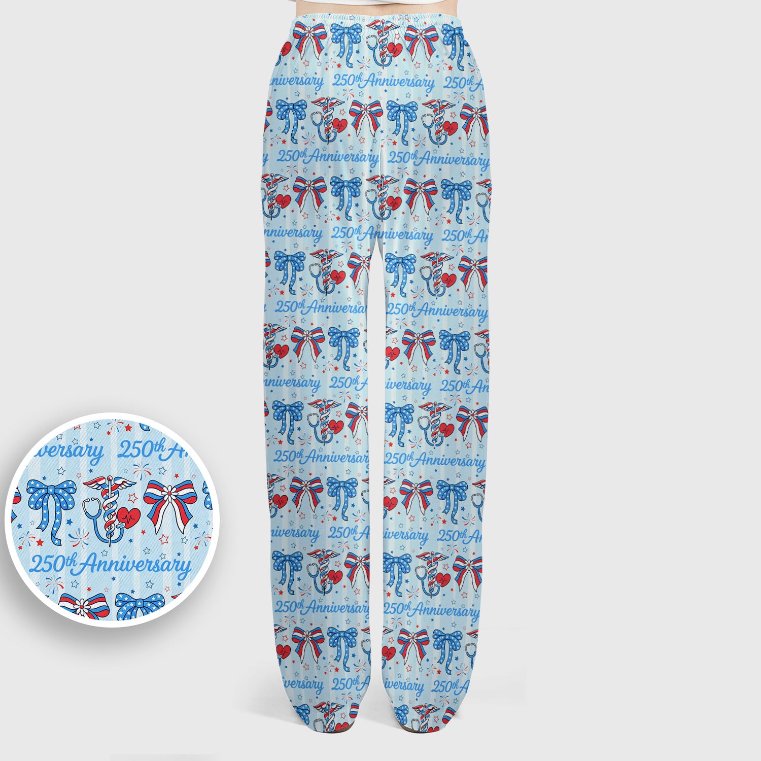 Festive 250th Anniversary Nurse Ribbon Heart Pattern Scrub Set, Scrub Pants and V Neck Top