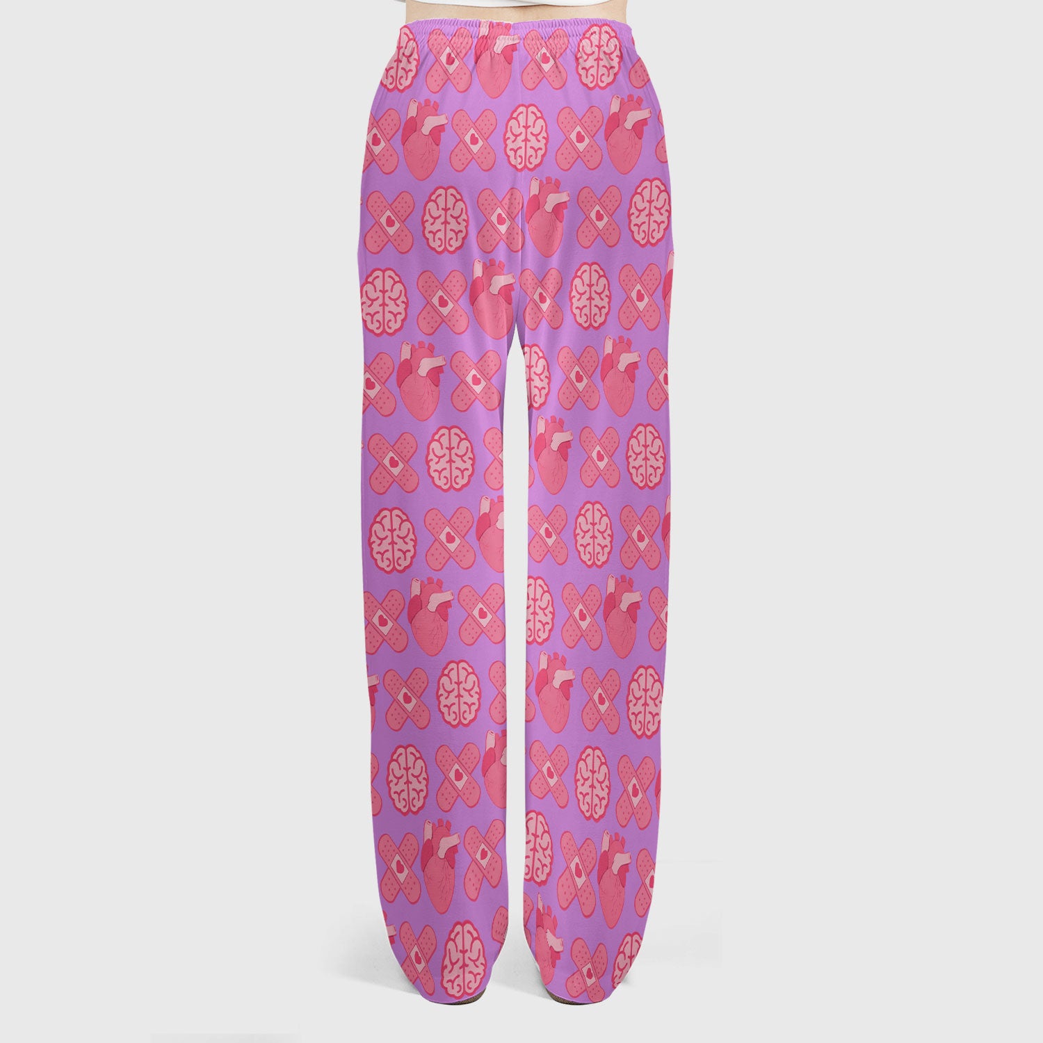 Heart & Brain Medical Icon Pattern Scrub Set, Scrub Pants and V Neck Top