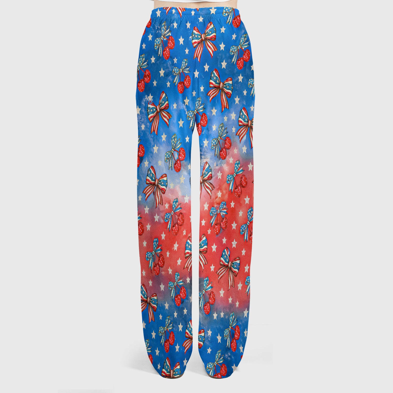 Festive Patriotic Star Bow Cherry Pattern Scrub Set, Scrub Pants and V Neck Top