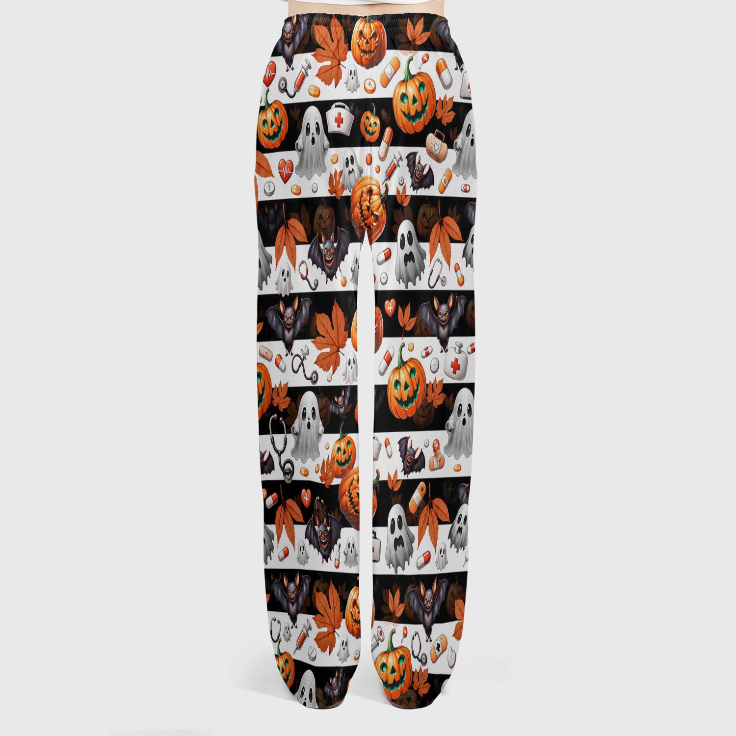 Halloween Ghost And Medical Icons Scrub Set, Scrub Pants and V Neck Top