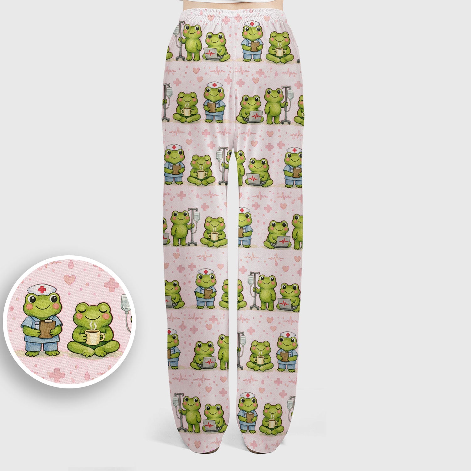 Adorable Frog Nurse Various Poses Print Scrub Set, Breathable Med Uniform