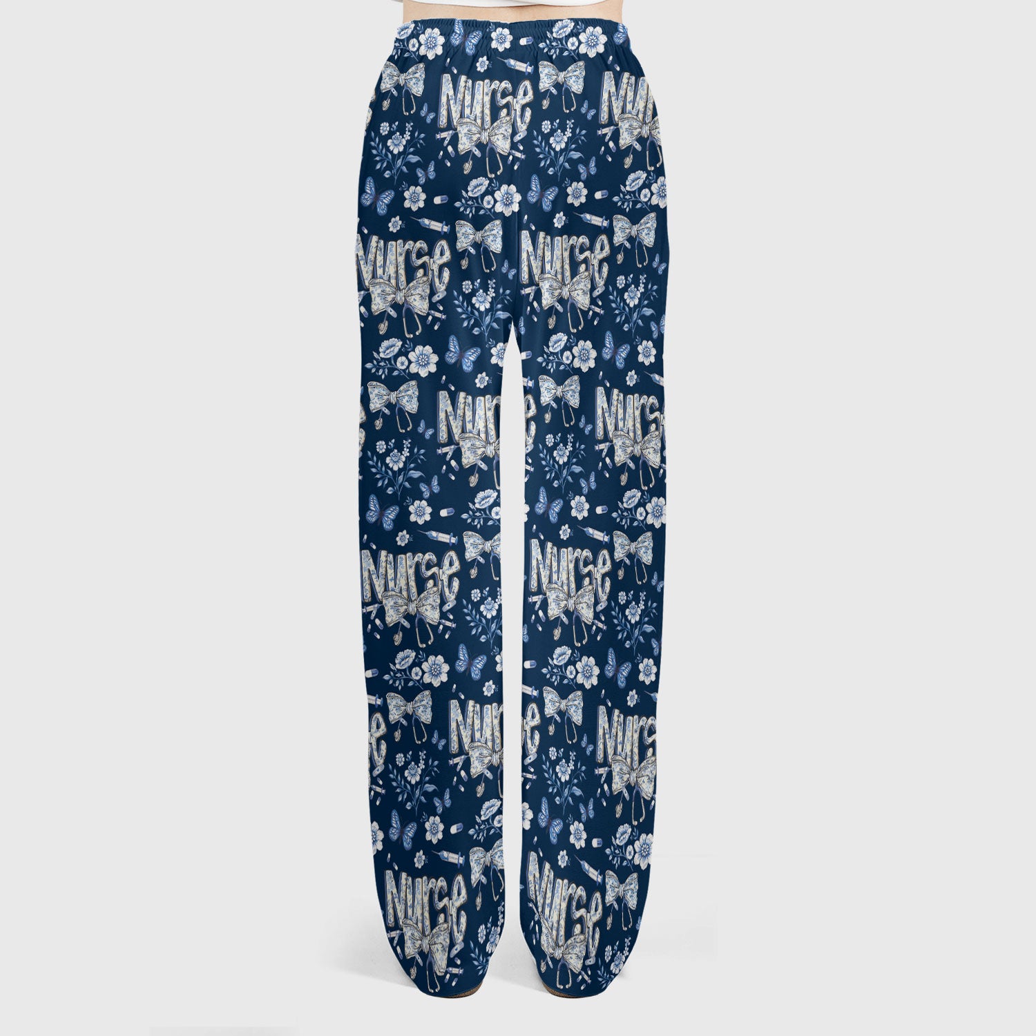 Blue Nurse Bow Butterfly Floral Pattern Scrub Set,  Breathable Med Uniform