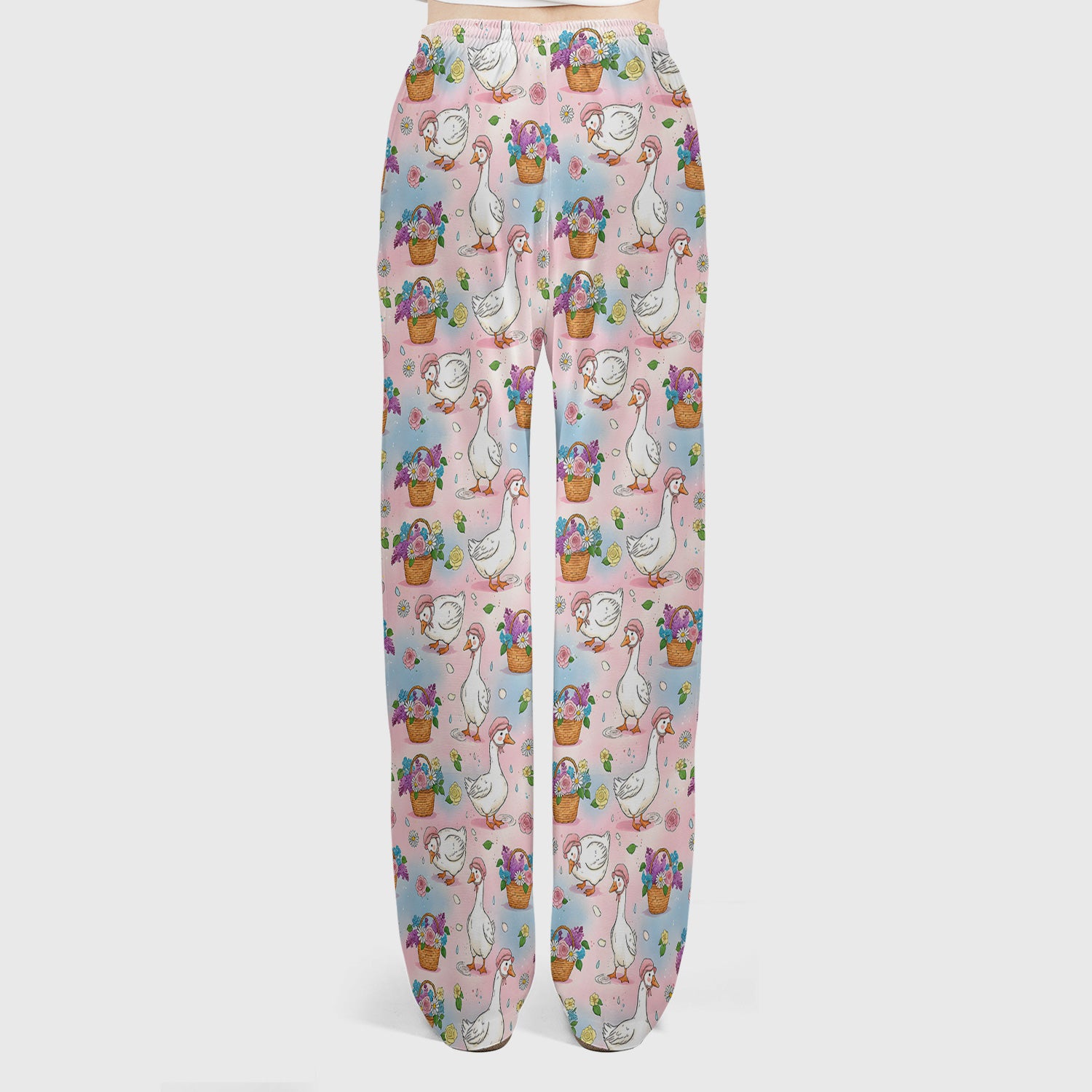 Cute Spring Goose Flower Basket Pattern Scrub Set, Scrub Pants and V Neck Top