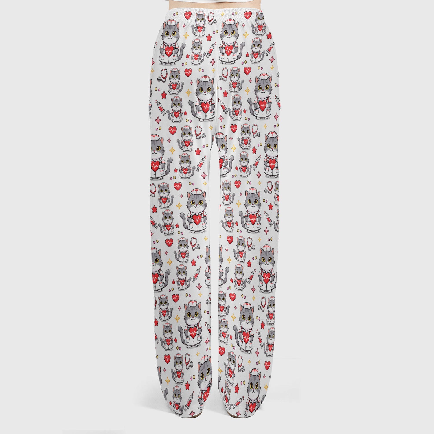Cute Nurse Cat Heart Medical Print Scrub Set, Scrub Pants and V Neck Top
