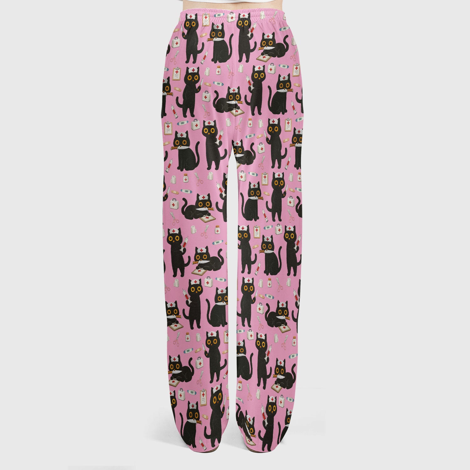 Cute Black Cat Nurse Pattern Women's Scrub Set, Breathable Med Uniform