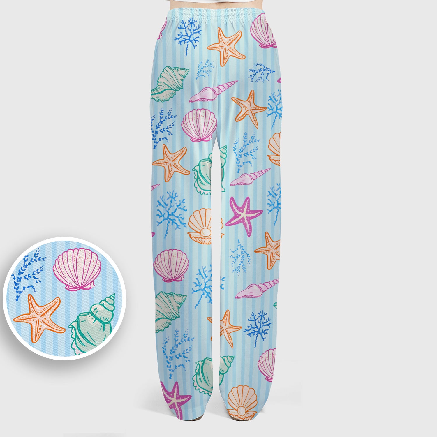 Colorful Seashell Starfish Ocean Stripe Pattern Scrub Set, Women's Scrub Sets