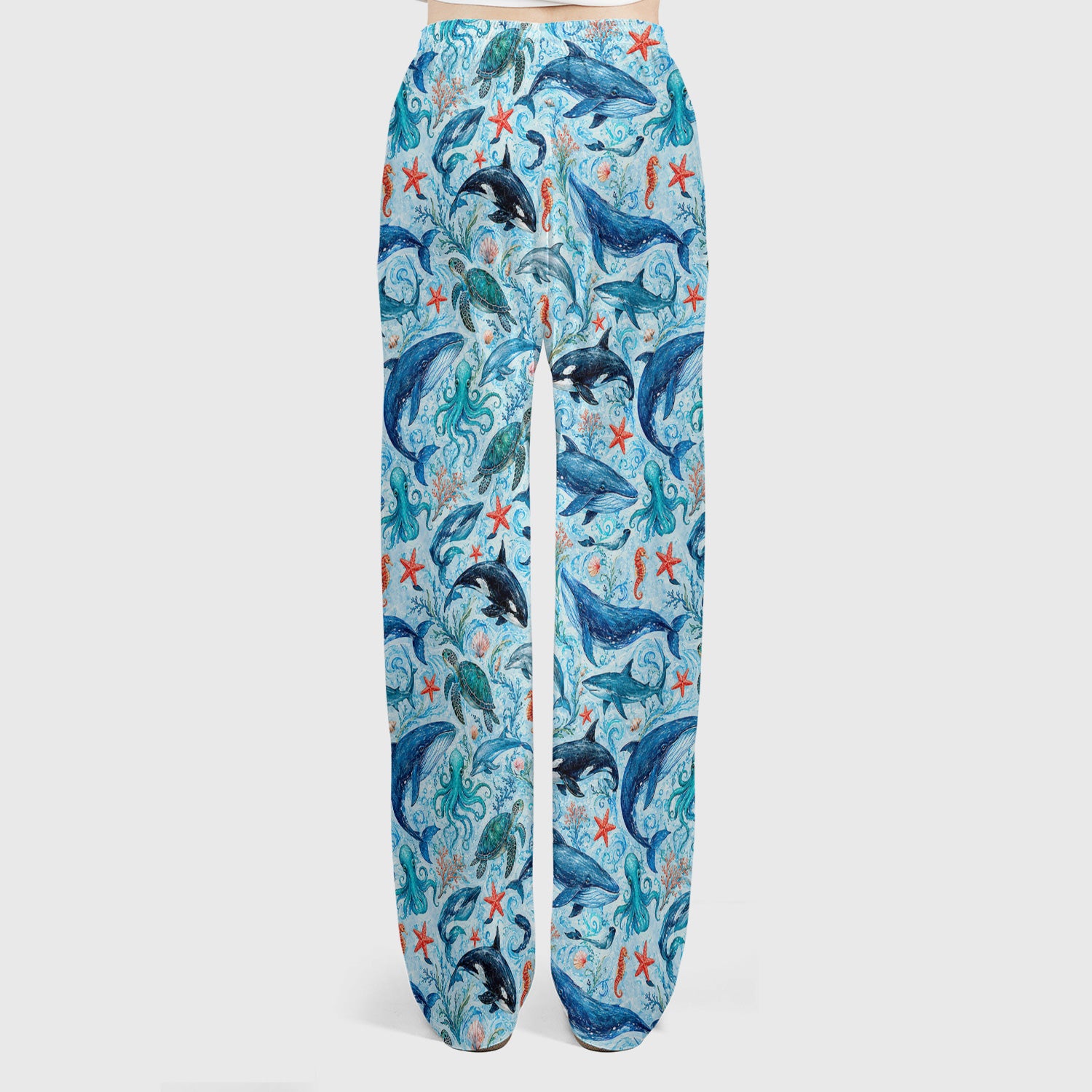Watercolor Ocean Wildlife Scene Pattern Scrub Set, Scrub Pants and V Neck Top
