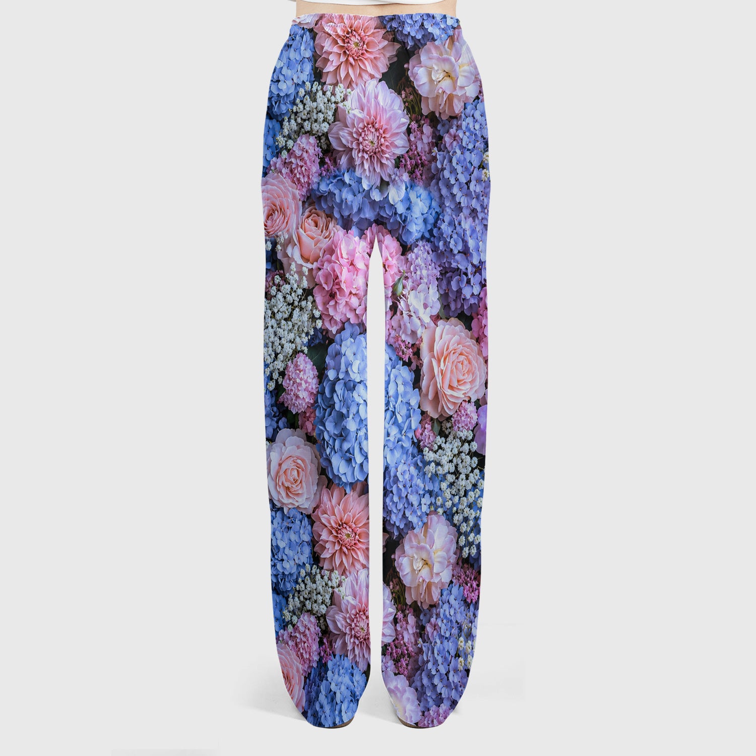 Cute Pastel Hydrangea Rose Blossom Pattern Scrub Set, Scrub Pants and V Neck Top