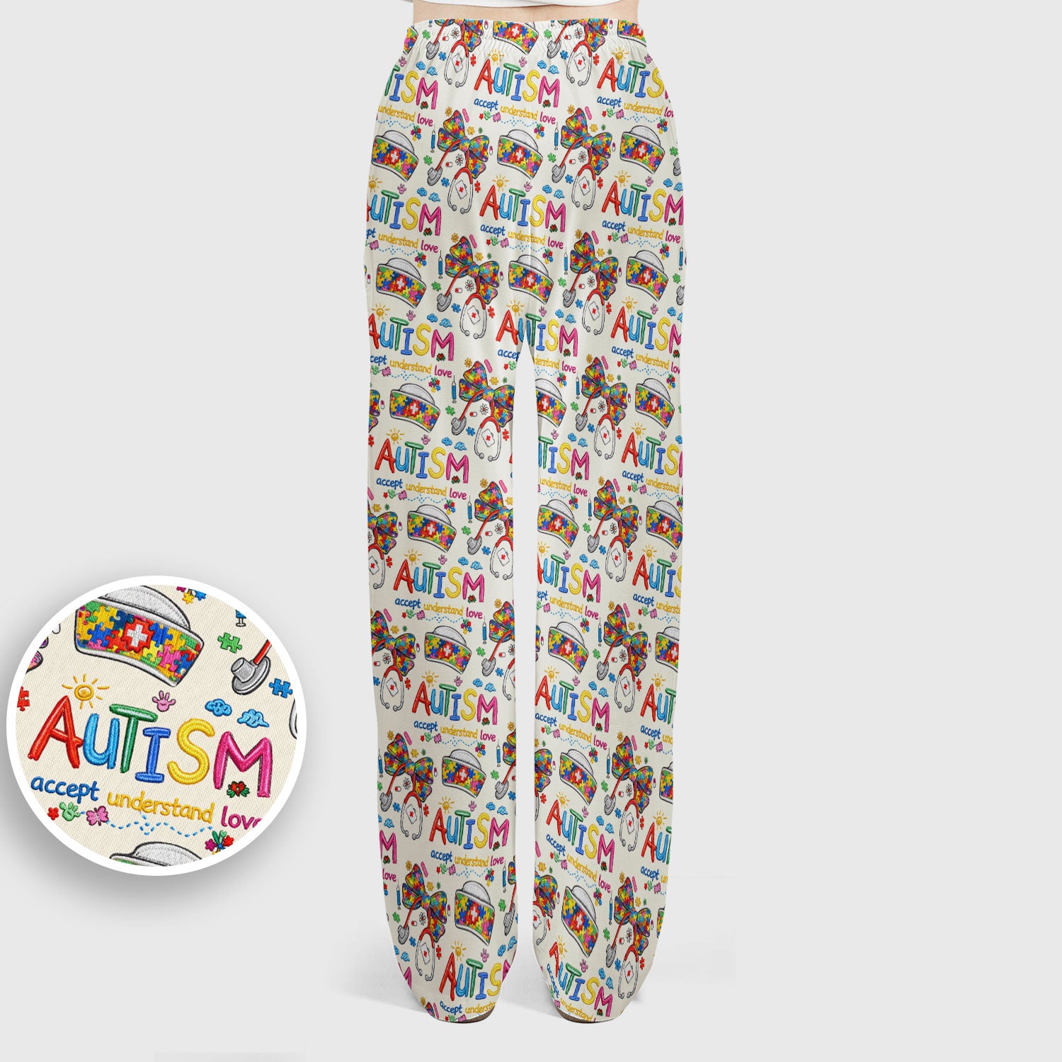 Autism Awareness Pattern Nurse Scrub Set, Accept Understand Love Puzzle Nurses Shirt, Breathable Fabrics Nursing Uniform