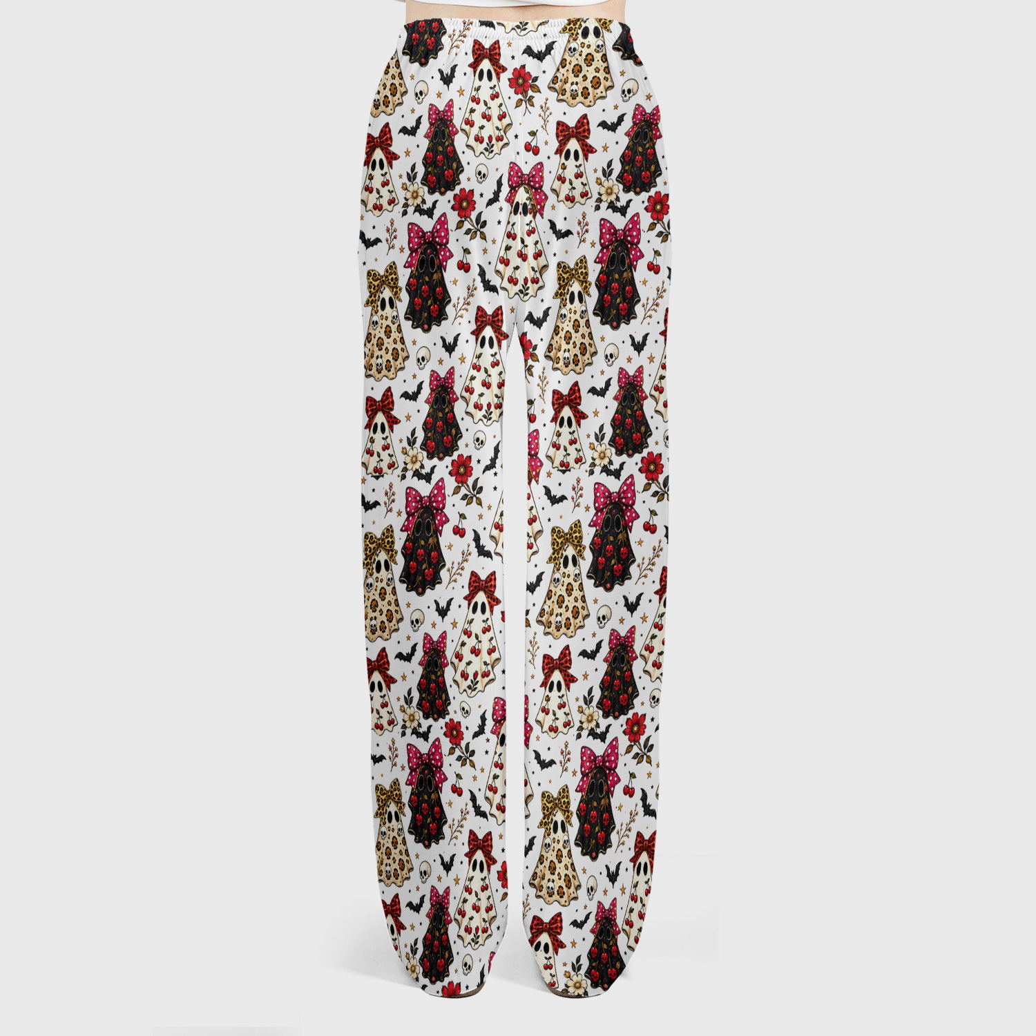 Spooky Halloween Ghost Pattern Scrub Set, Scrub Pants and V Neck Top