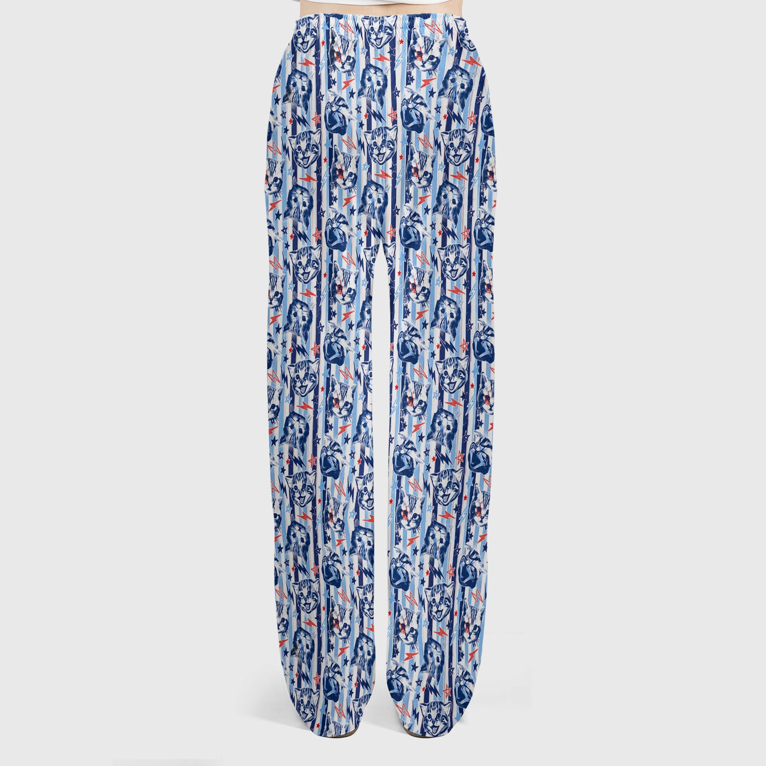 Cute Cat Faces With Lightning Print Scrub Set, Scrub Pants and V Neck Top
