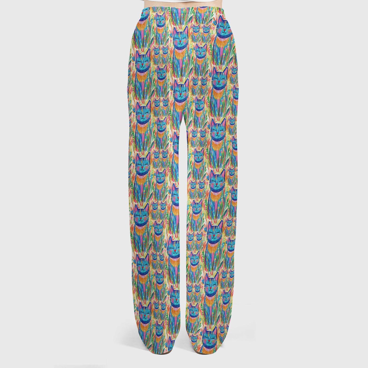 Colorful Rainbow Cat With Floral Brushstroke Scrub Set, Scrub Pants and V Neck Top