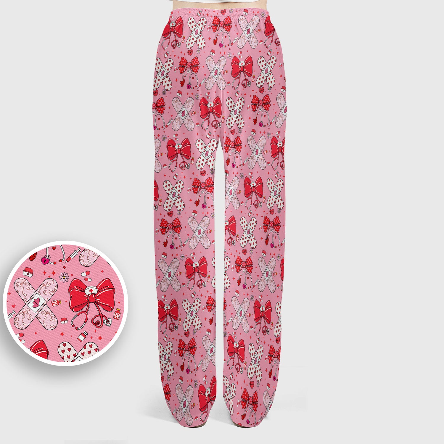 Valentine Nurse Scrub Set, Red Bow And Heart Bandage Pattern Medical Shirt, Breathable Fabrics Nursing Uniform