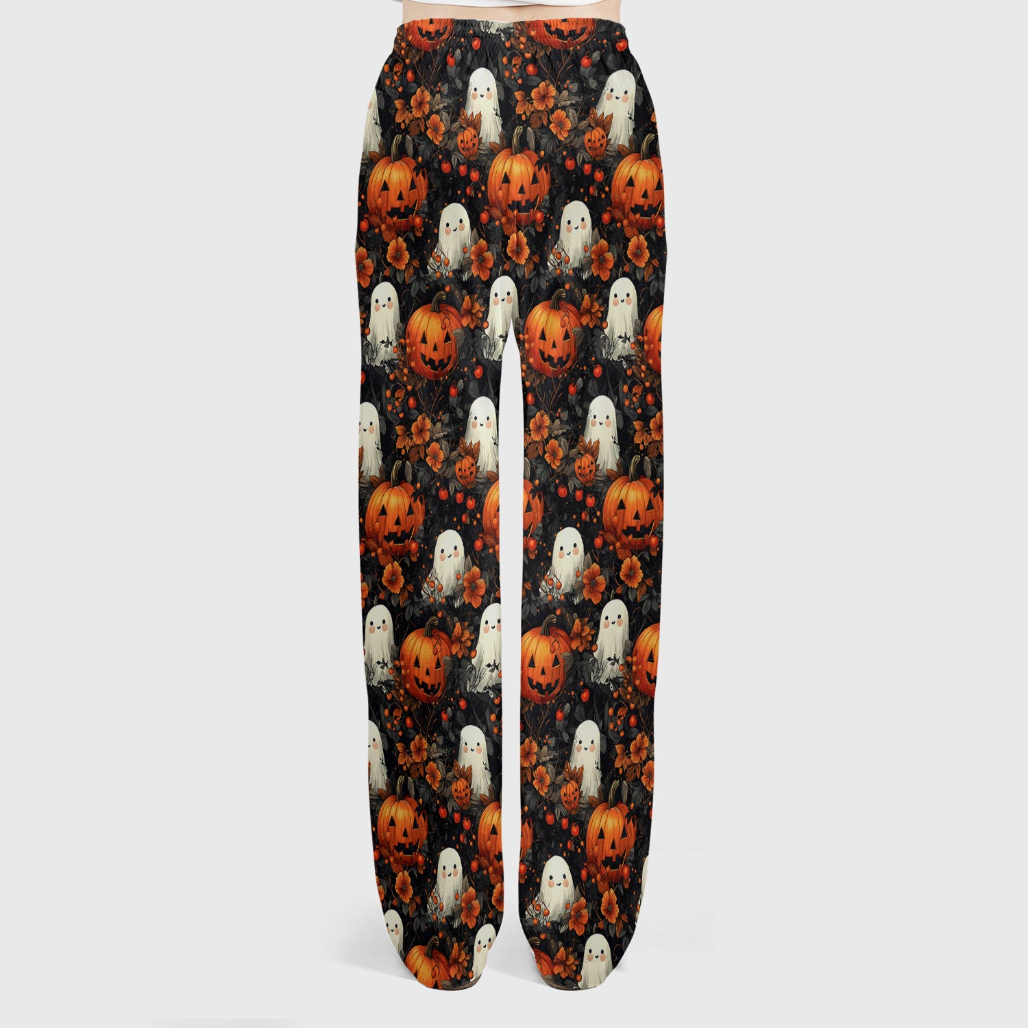 Spooky Halloween Ghost And Pumpkin Pattern Scrub Set, Scrub Pants and V Neck Top