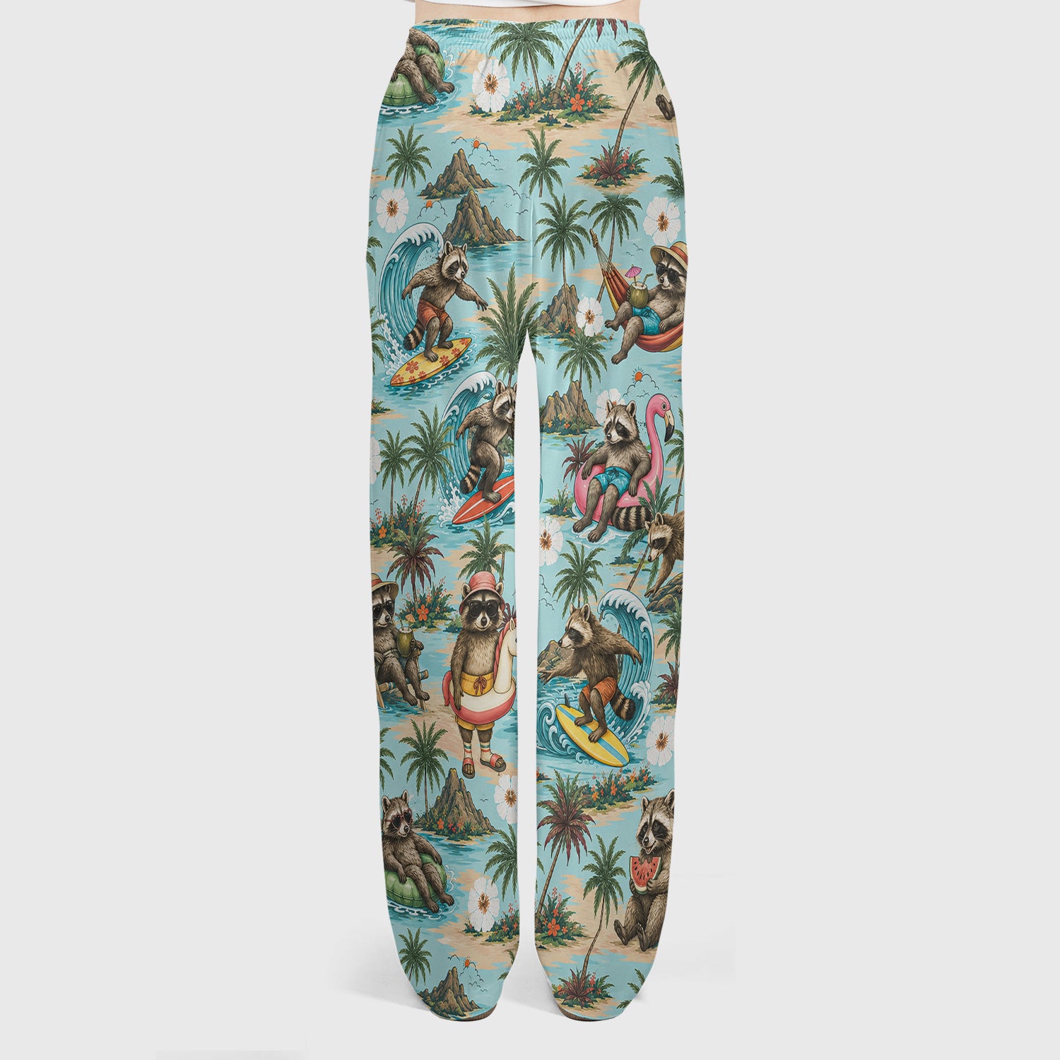 Tropical Raccoon with Surfing Island Beach Print Scrub Set, Scrub Pants and V Neck Top
