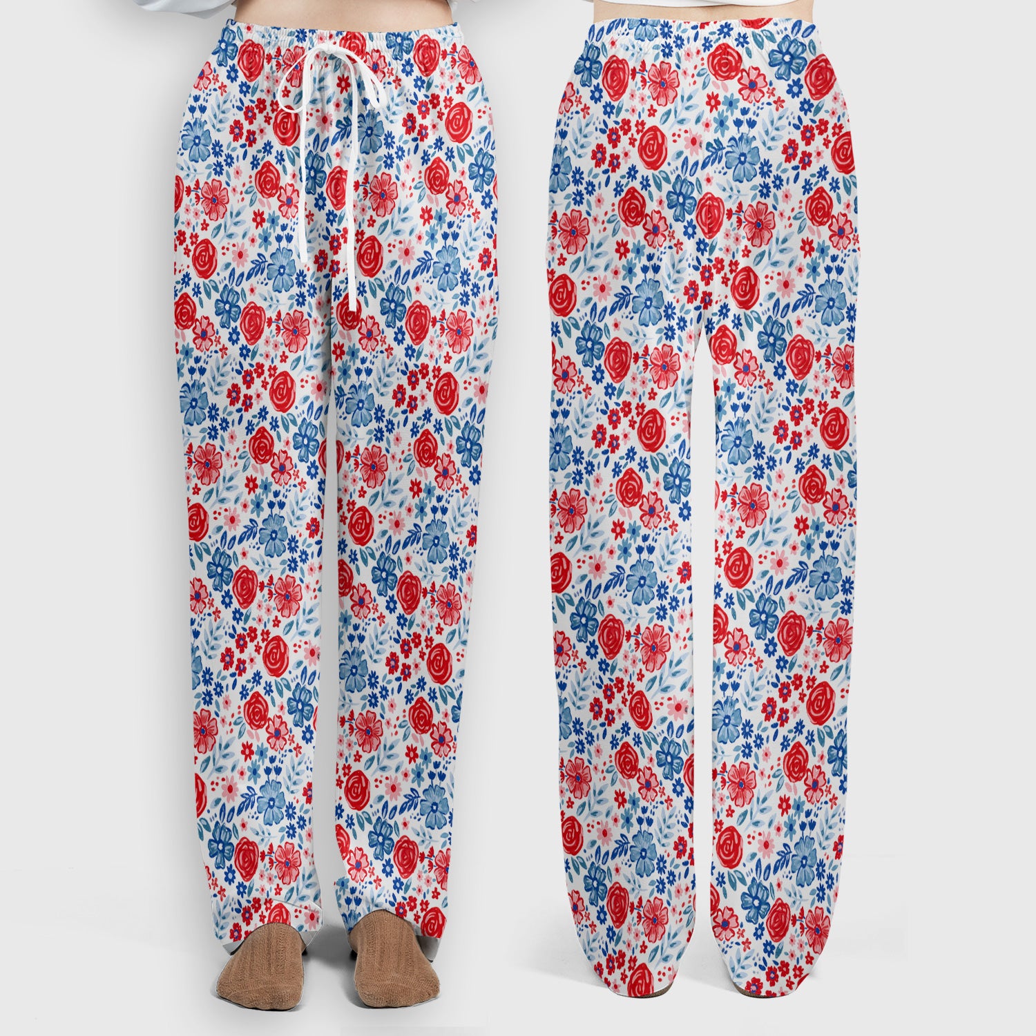 Red Blue Floral Garden Blossom Pattern Scrub Set, Scrub Pants and V Neck Top