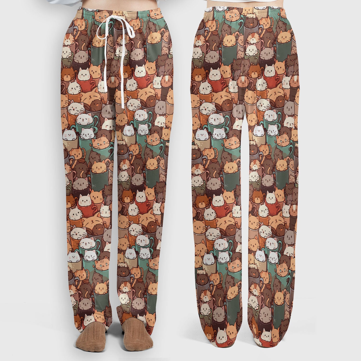 Cute Coffee Cat Scrub Set, Cozy Kittens in Mug Pattern Nurse Shirt, Breathable Fabrics Nursing Uniform