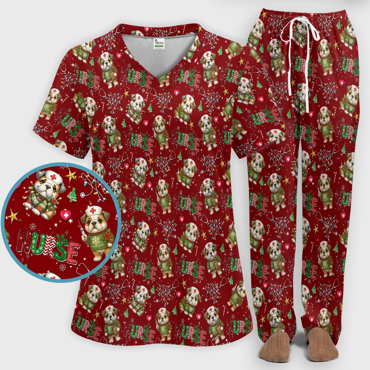 Bulldog Christmas Nurse Scrub Set - Funny Dog Scrubs Pants and V Neck Top - Cute Holiday Medical Uniform