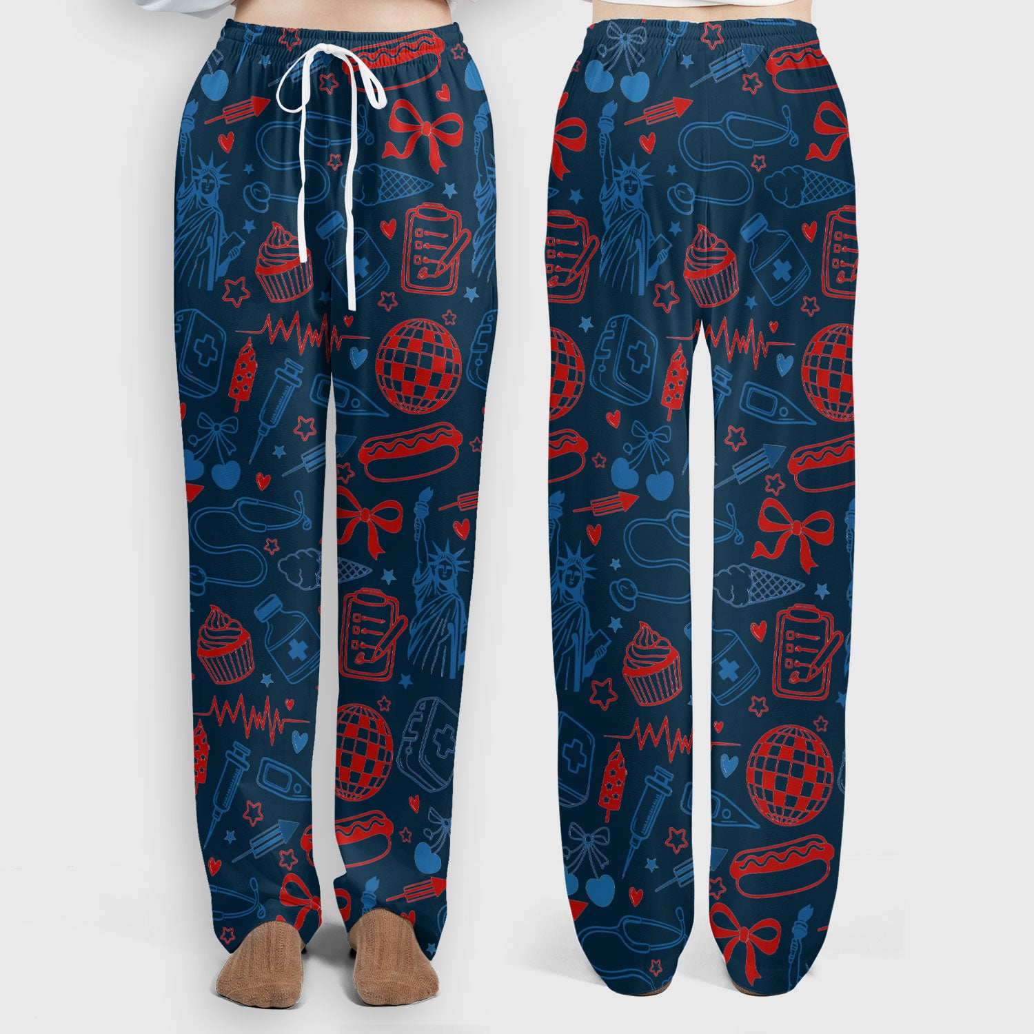 Patriotic Nurse Medical Icons Pattern Scrub Set, Scrub Pants and V Neck Top
