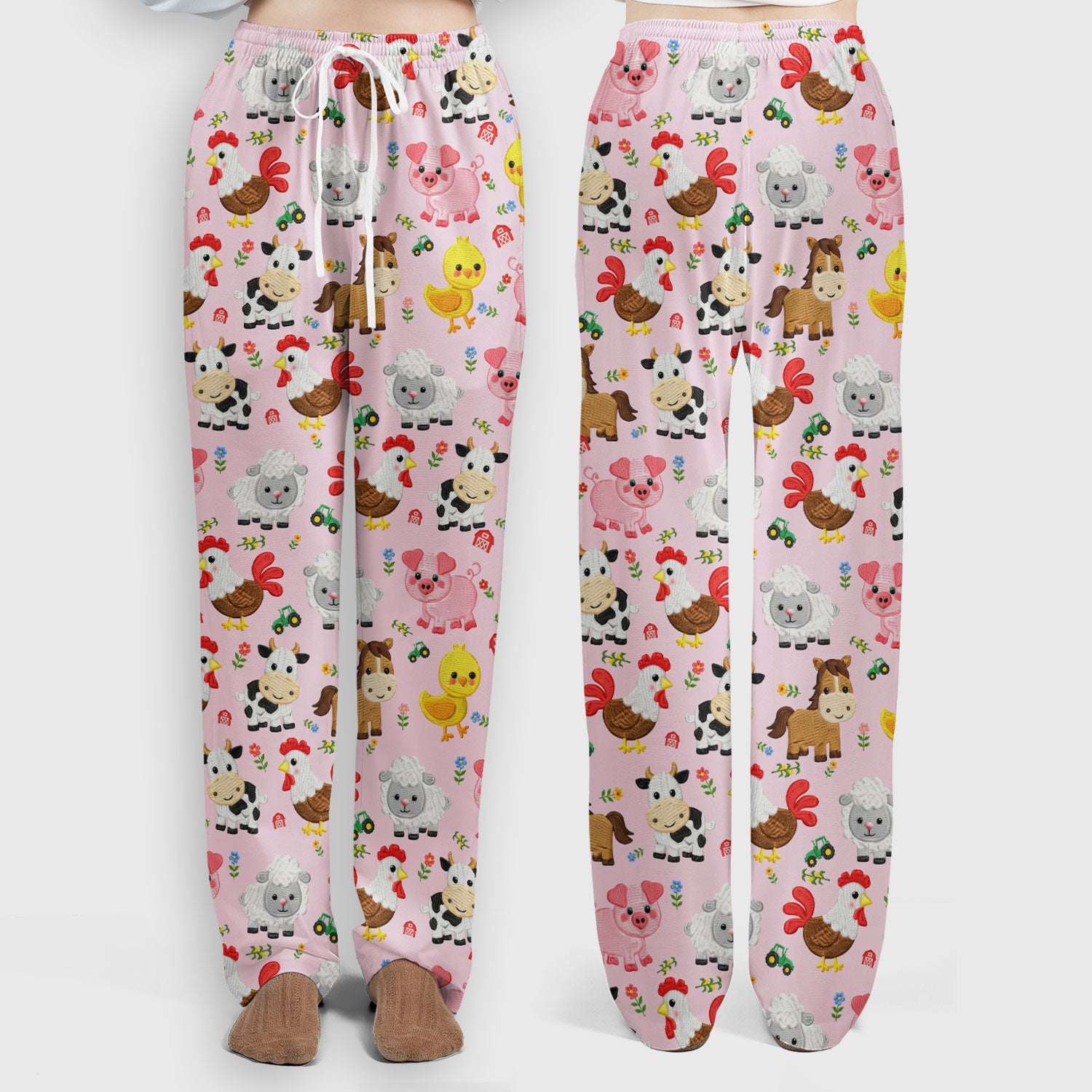 Cartoon Farm Animal Pattern Scrub Set, Breathable Med Uniform