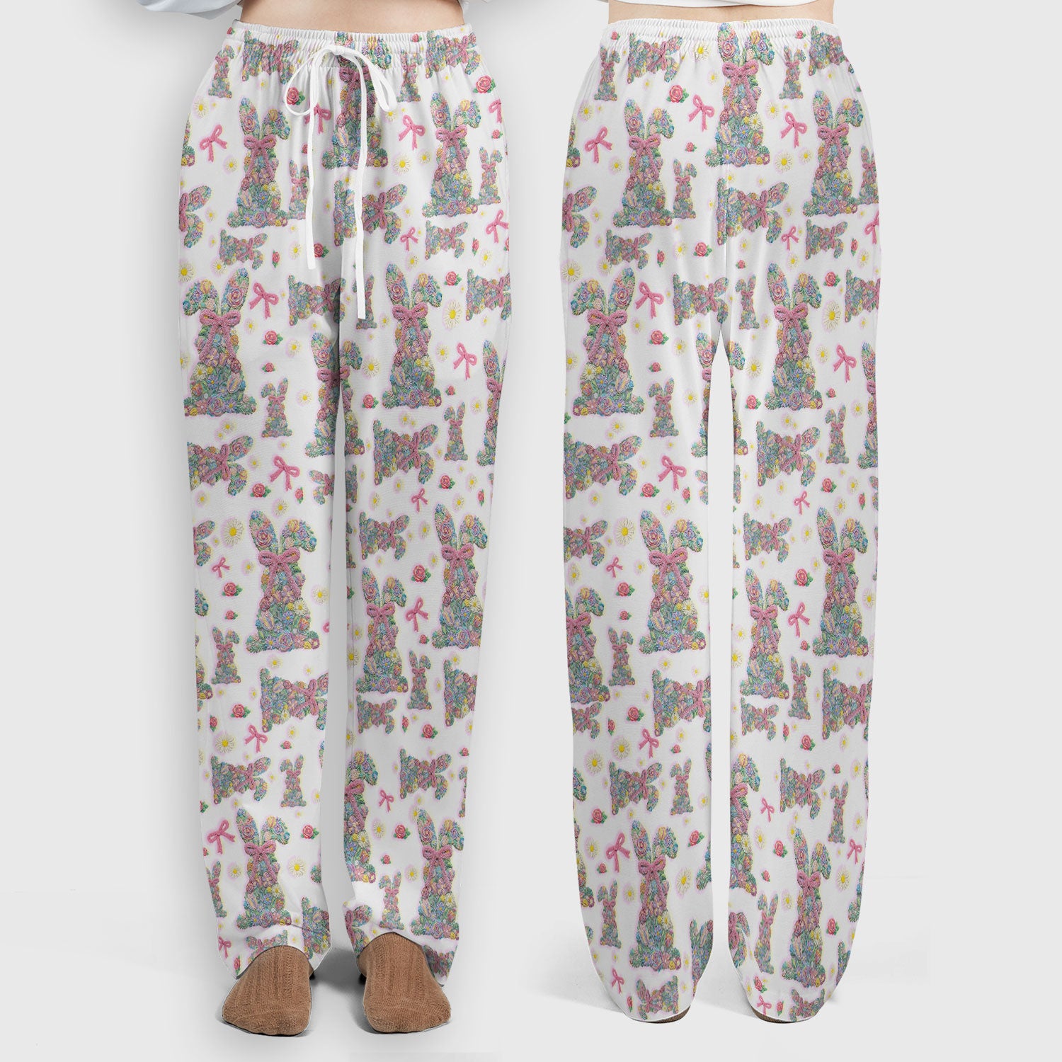 Colorful Floral Bunny with Pink Bow Pattern Scrub Set, Breathable Med Uniform