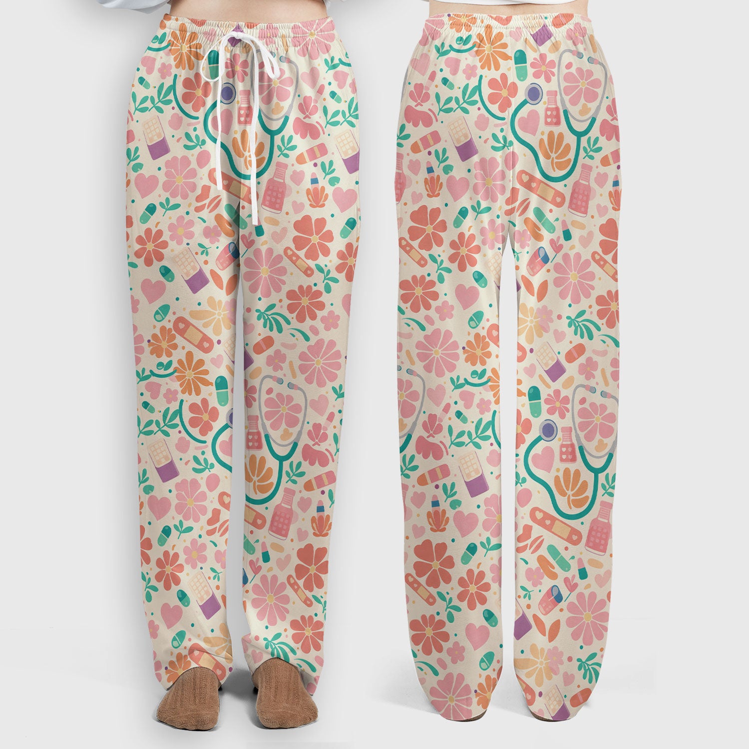 Cute Medical Floral Pattern Scrub Set, Scrub Pants and V Neck Top
