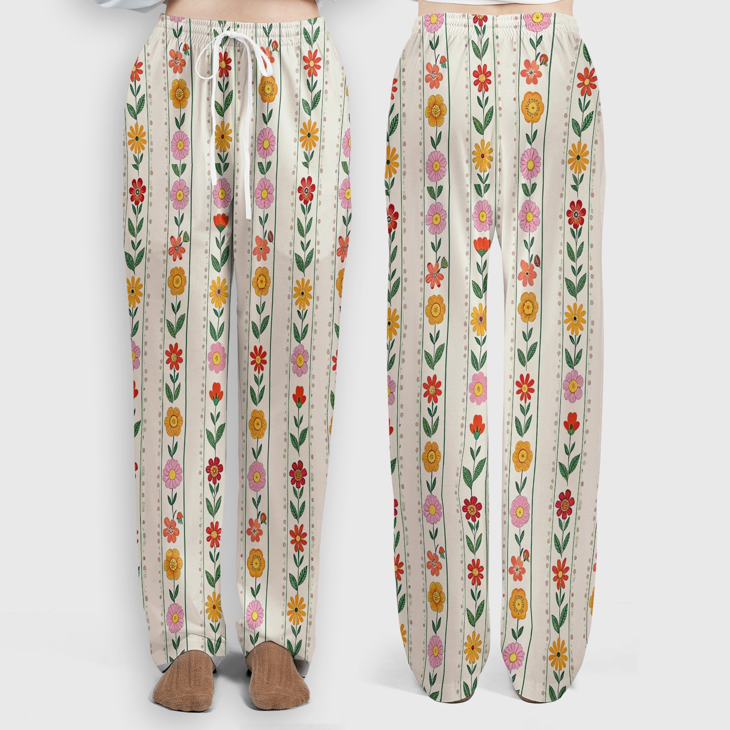 Retro Floral Stripe Print Scrub Set, Scrub Pants and V Neck Top