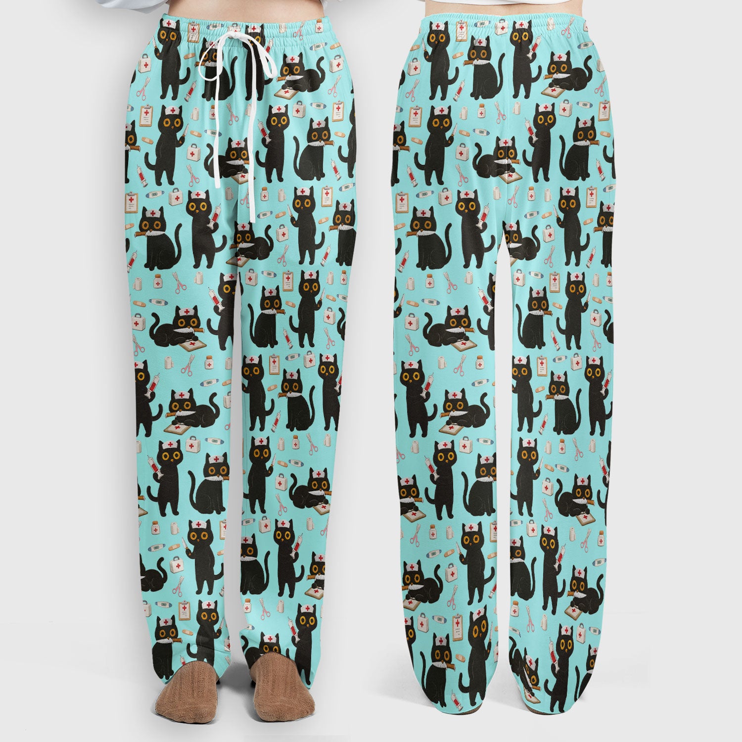 Cute Black Cat Nurse Pattern Women's Scrub Set, Breathable Med Uniform