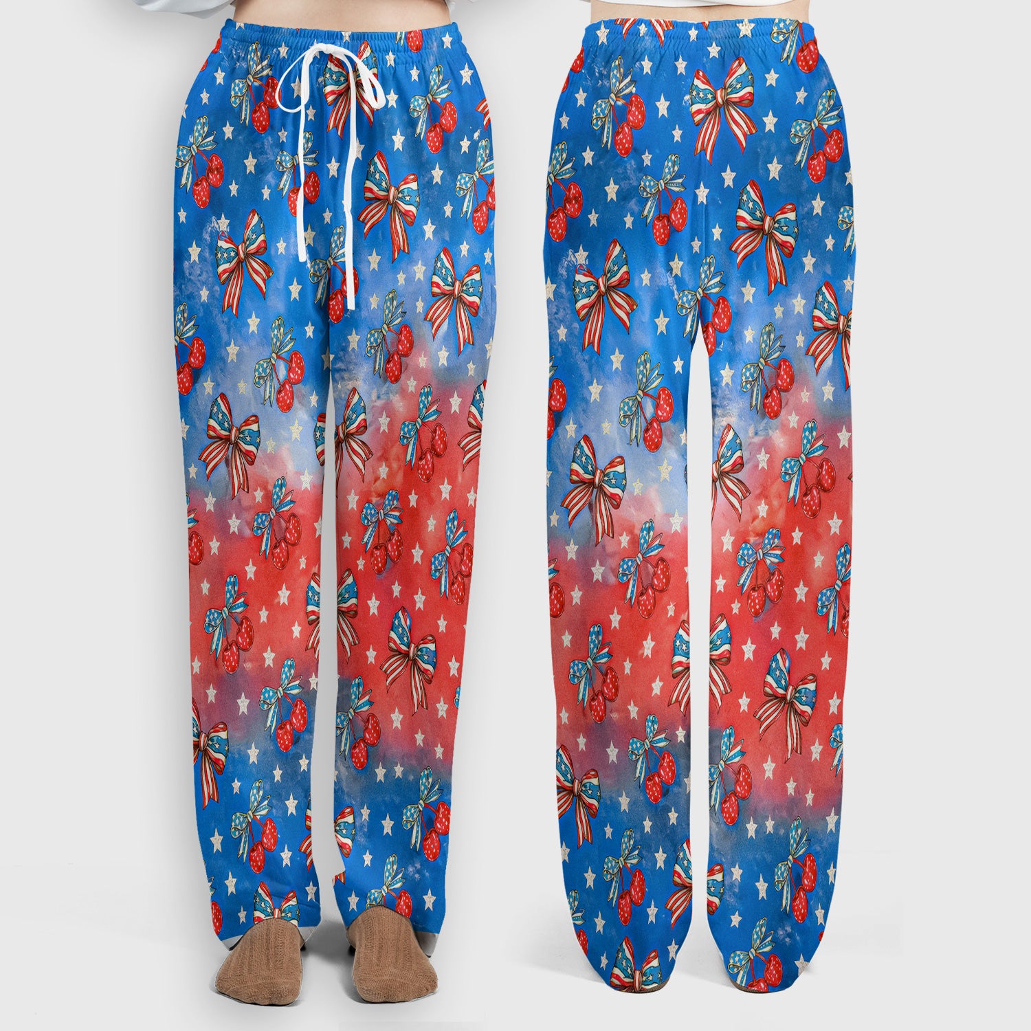 Festive Patriotic Star Bow Cherry Pattern Scrub Set, Scrub Pants and V Neck Top