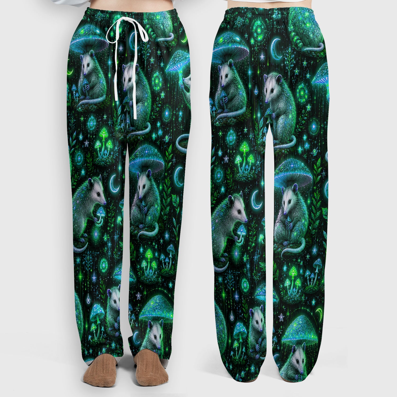 Moonlit Opossum Mushroom Pattern Scrub Set, Scrub Pants and V Neck Top