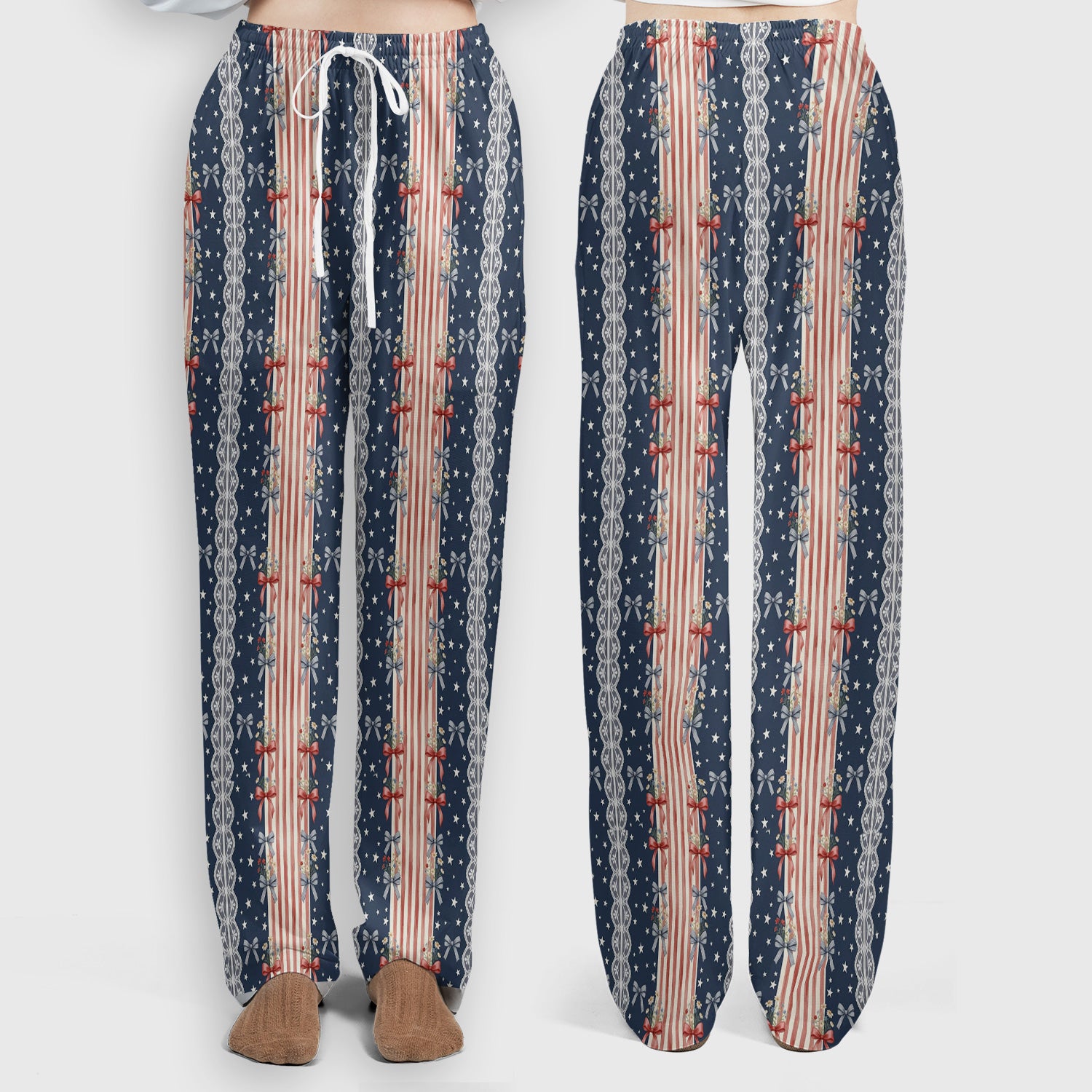 Patriotic Bow Lace Stripe Pattern Scrub Set, Scrub Pants and V Neck Top