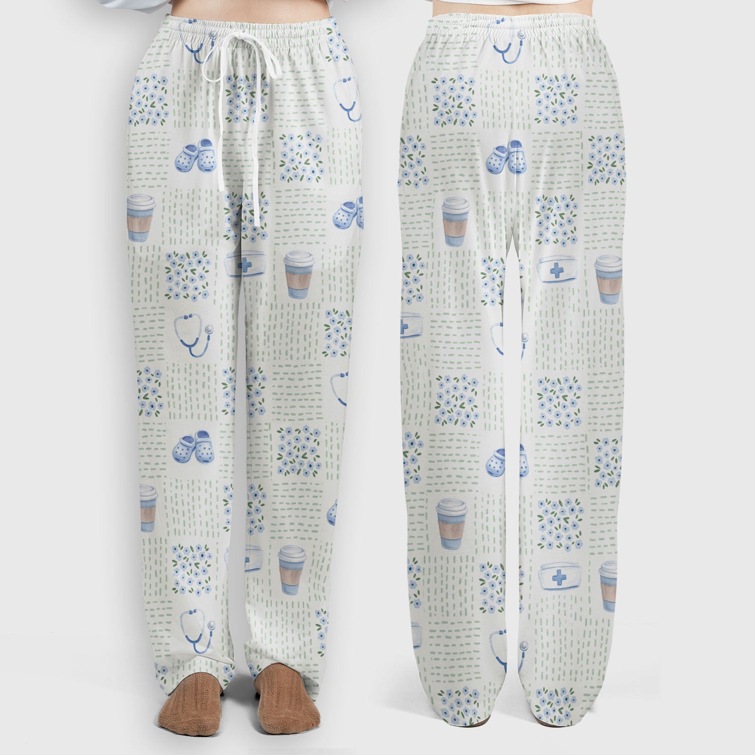 Cute Medical Essentials Pattern Scrub Set, Scrub Pants and V Neck Top